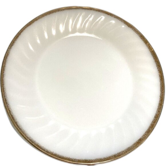 FIRE KING Vintage Milk Glass Gold Rim Swirl Edge Dinner Plate 9 inch Diameter - Picture 1 of 8